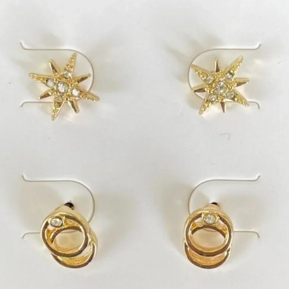 Marlyn Schiff Starburst and Infinity Gold Stud Earring Set w/ Rhinestone Center